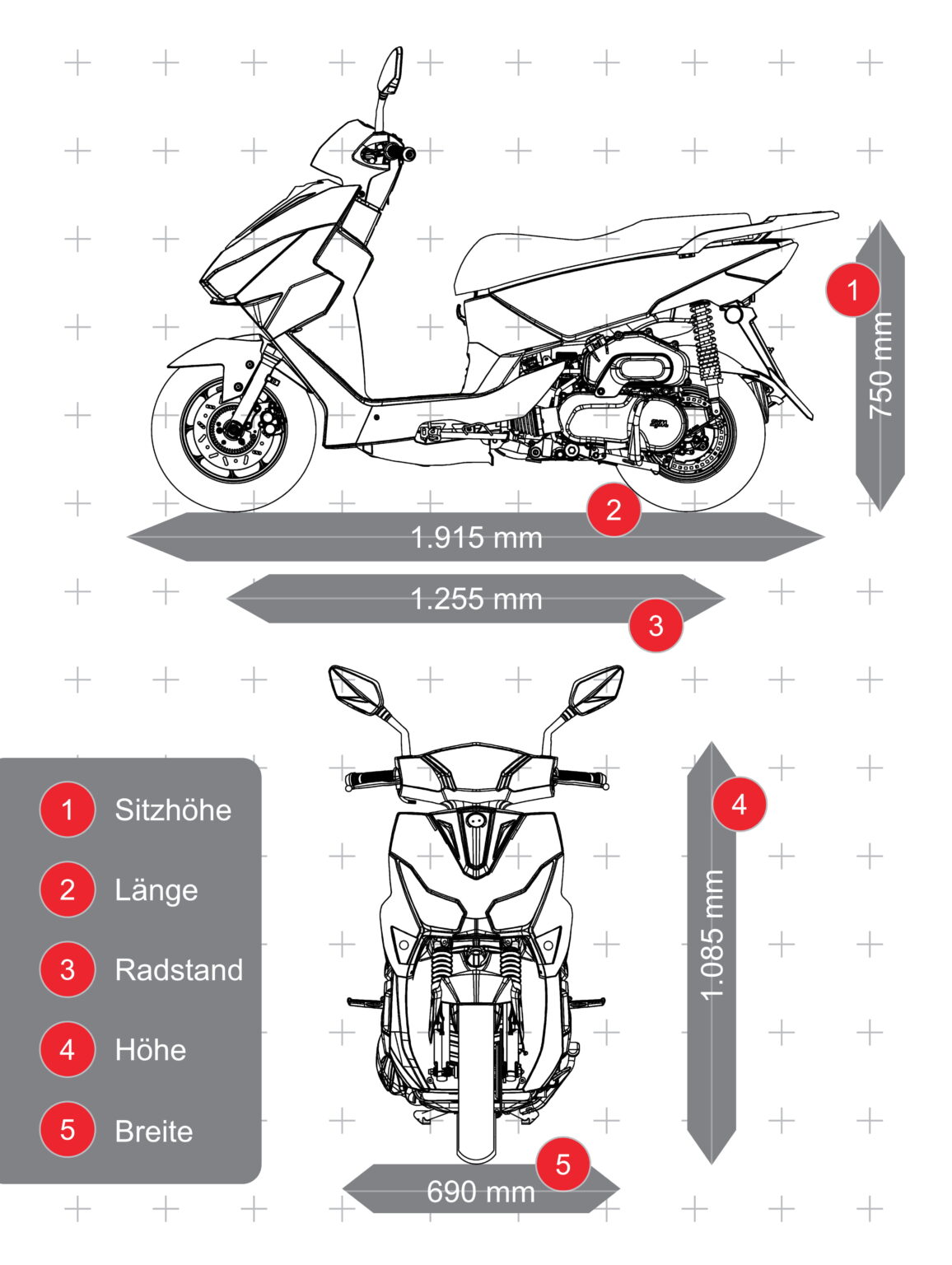 SYM ECHS 125 Modell 2026 Abmessungen